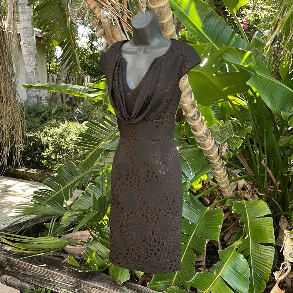 Maggie, London animal, print, brocade, cow neck sheath dress